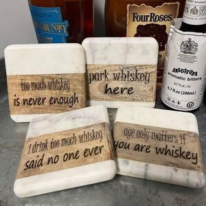 Whiskey-Themed Coasters Set - Marble and Wood